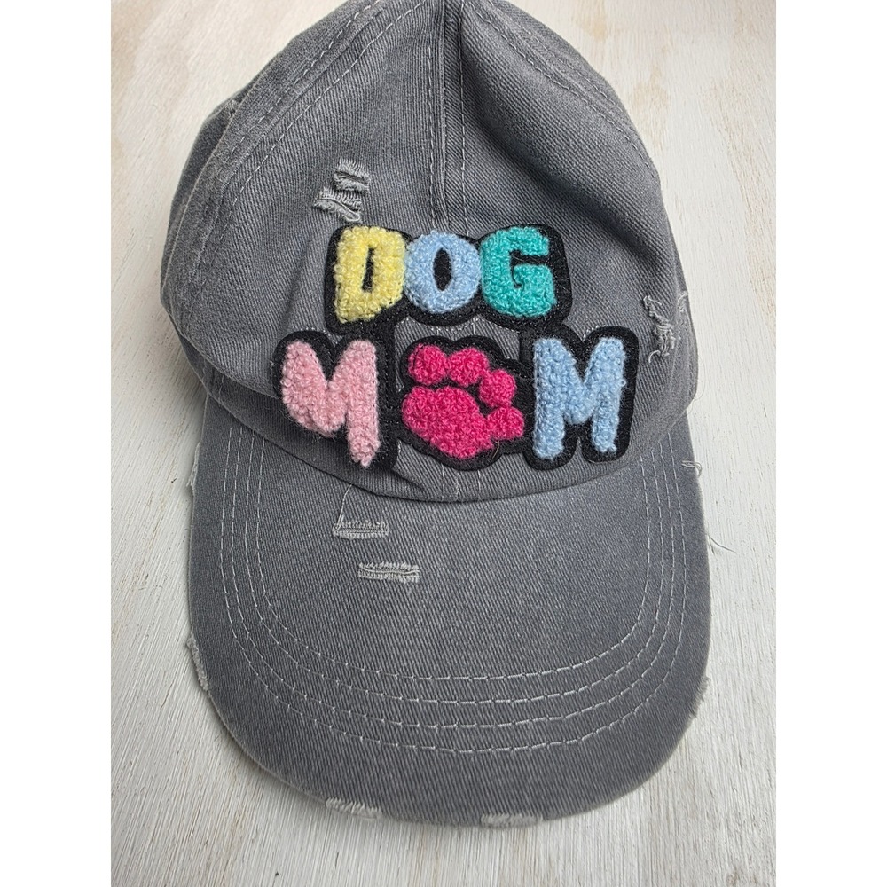 Dog Mom Distressed Baseball Cap Grey Chenille Patch Adjustable Hat Y2K Boho